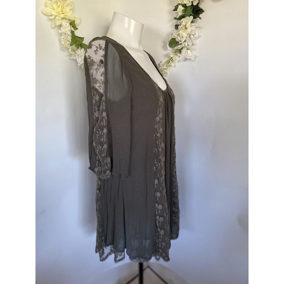 World Market Grey Mini Flare Dress Tunic Women S/M Lace Accents Long Sleeve Vtg - Picture 3 of 16